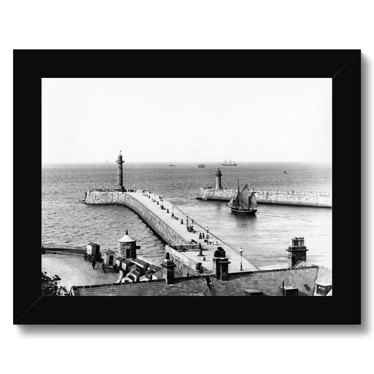 Whitby piers pre-extensions with outgoing sailing ships Framed Print