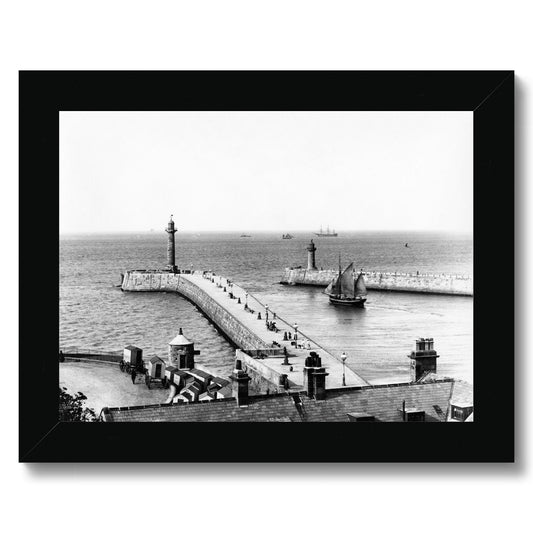 Whitby piers pre-extensions with outgoing sailing ships Framed Print