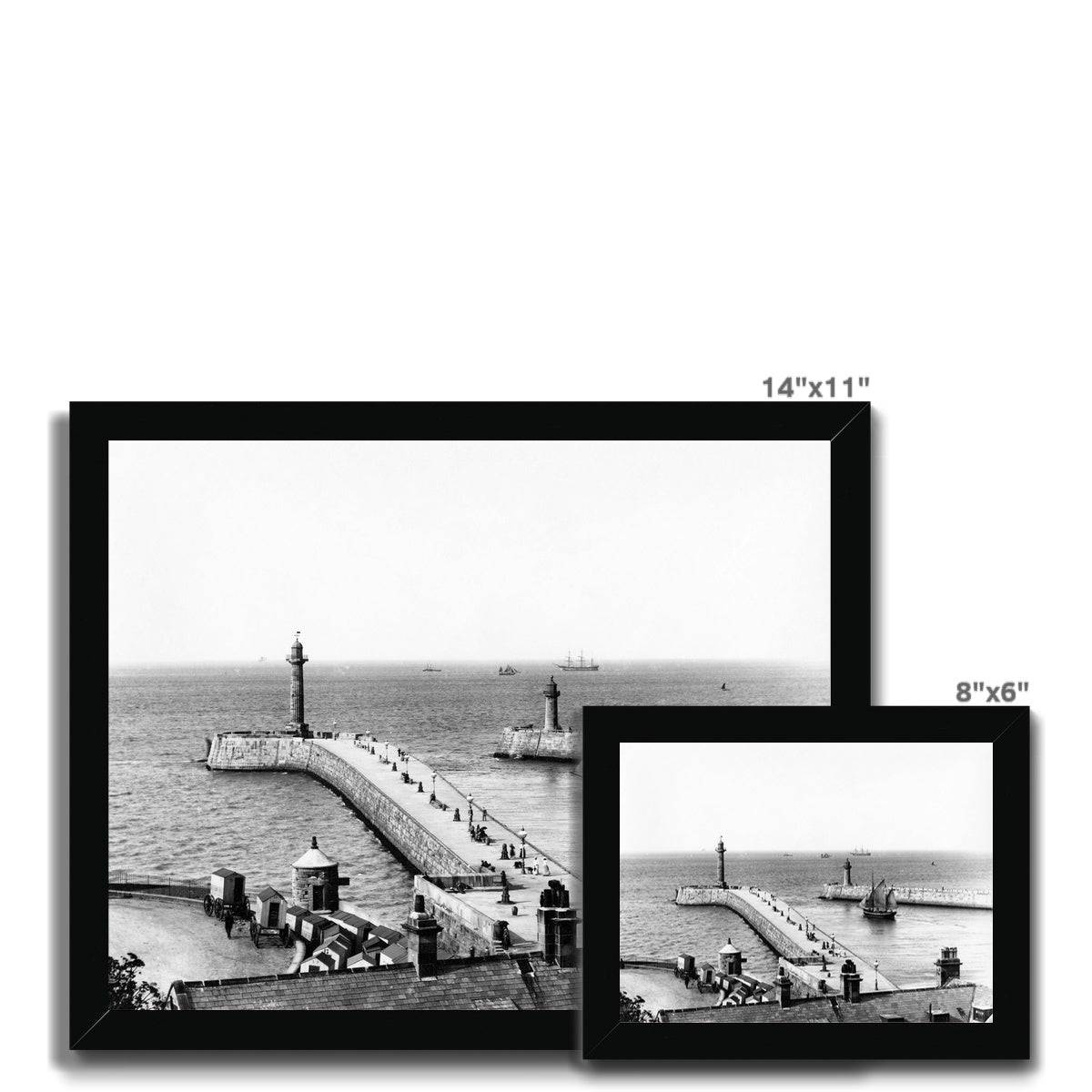 Whitby piers pre-extensions with outgoing sailing ships Framed Print