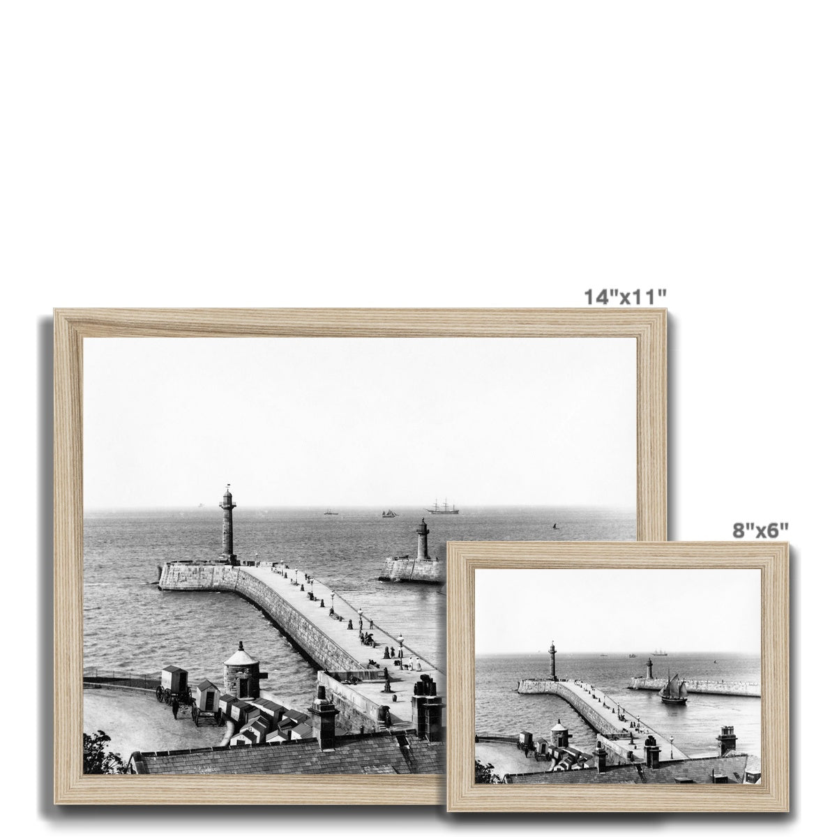 Whitby piers pre-extensions with outgoing sailing ships Framed Print