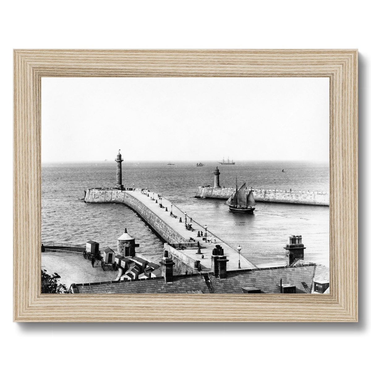 Whitby piers pre-extensions with outgoing sailing ships Framed Print