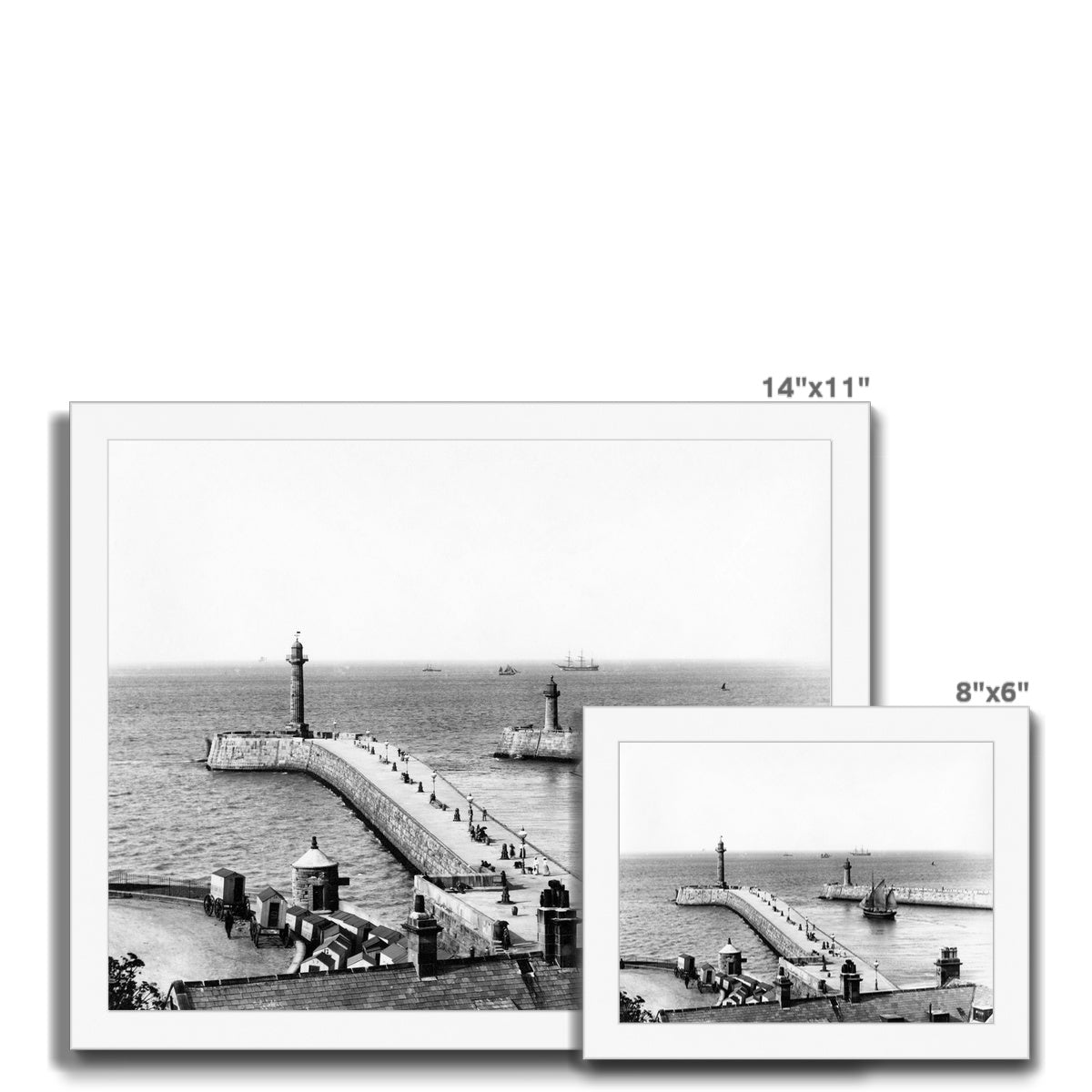 Whitby piers pre-extensions with outgoing sailing ships Framed Print